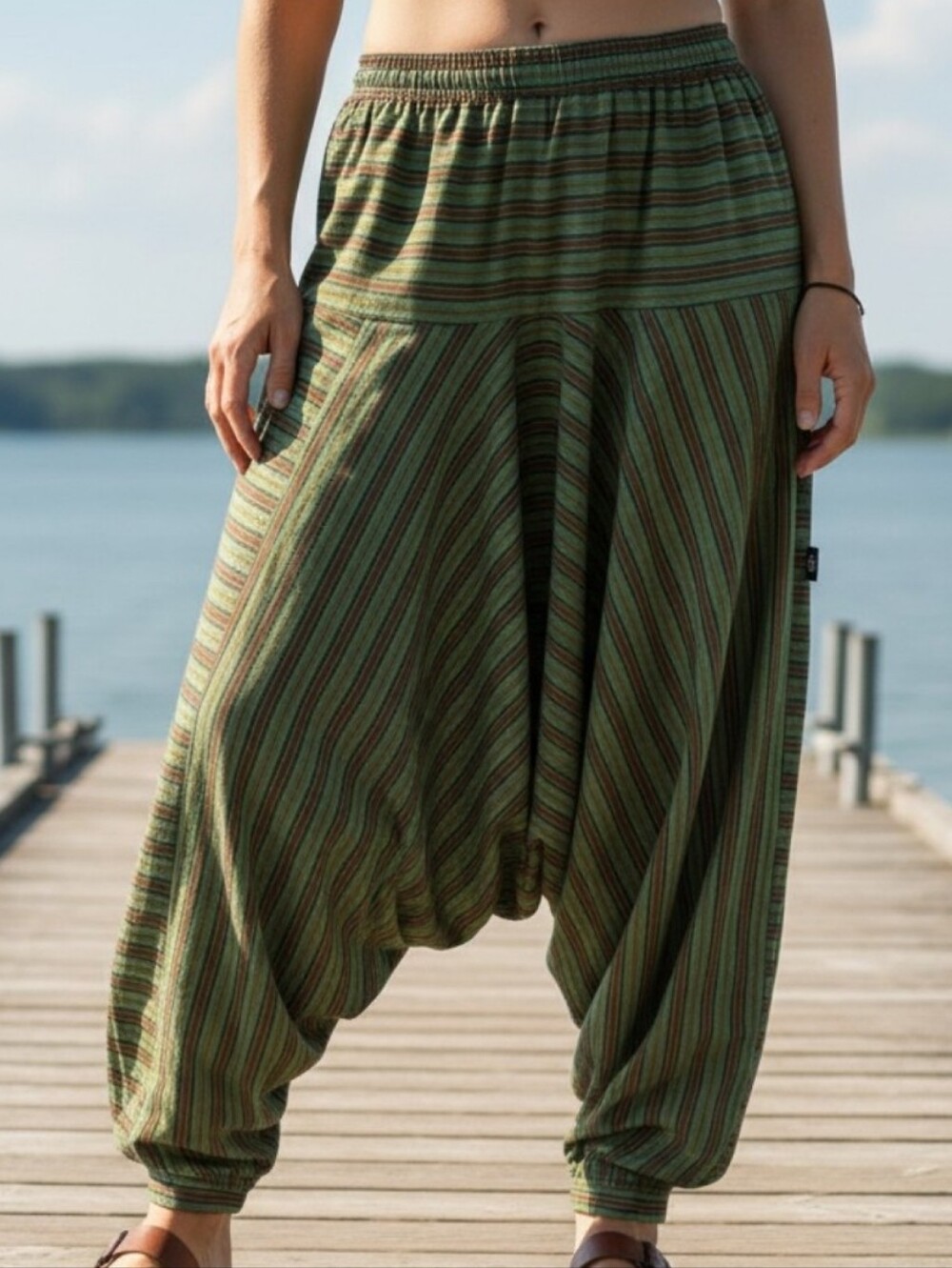 Striped Olive Green Men's Harem Pants with Elastic Waist